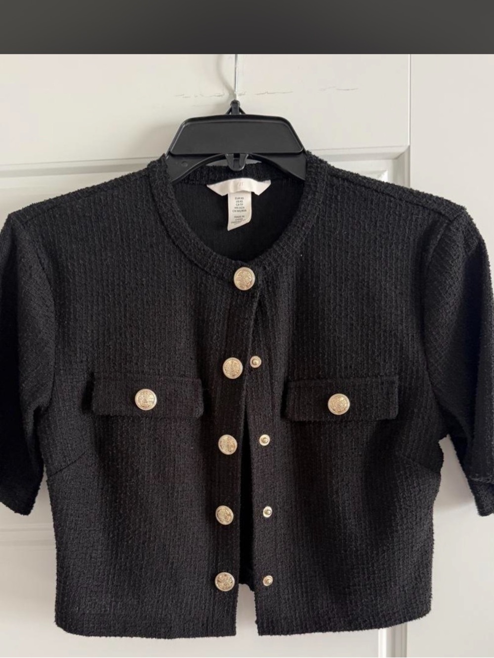 H&M Black Short-Sleeve Tweed Jacket with Gold Buttons
